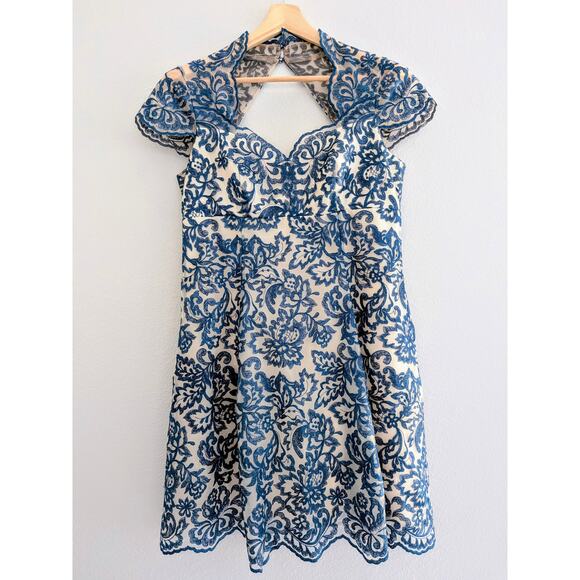 Marchesa Notte Embroidered Tulle Mini Dress Blue White US Size 10 Cocktail Party - Picture 4 of 8